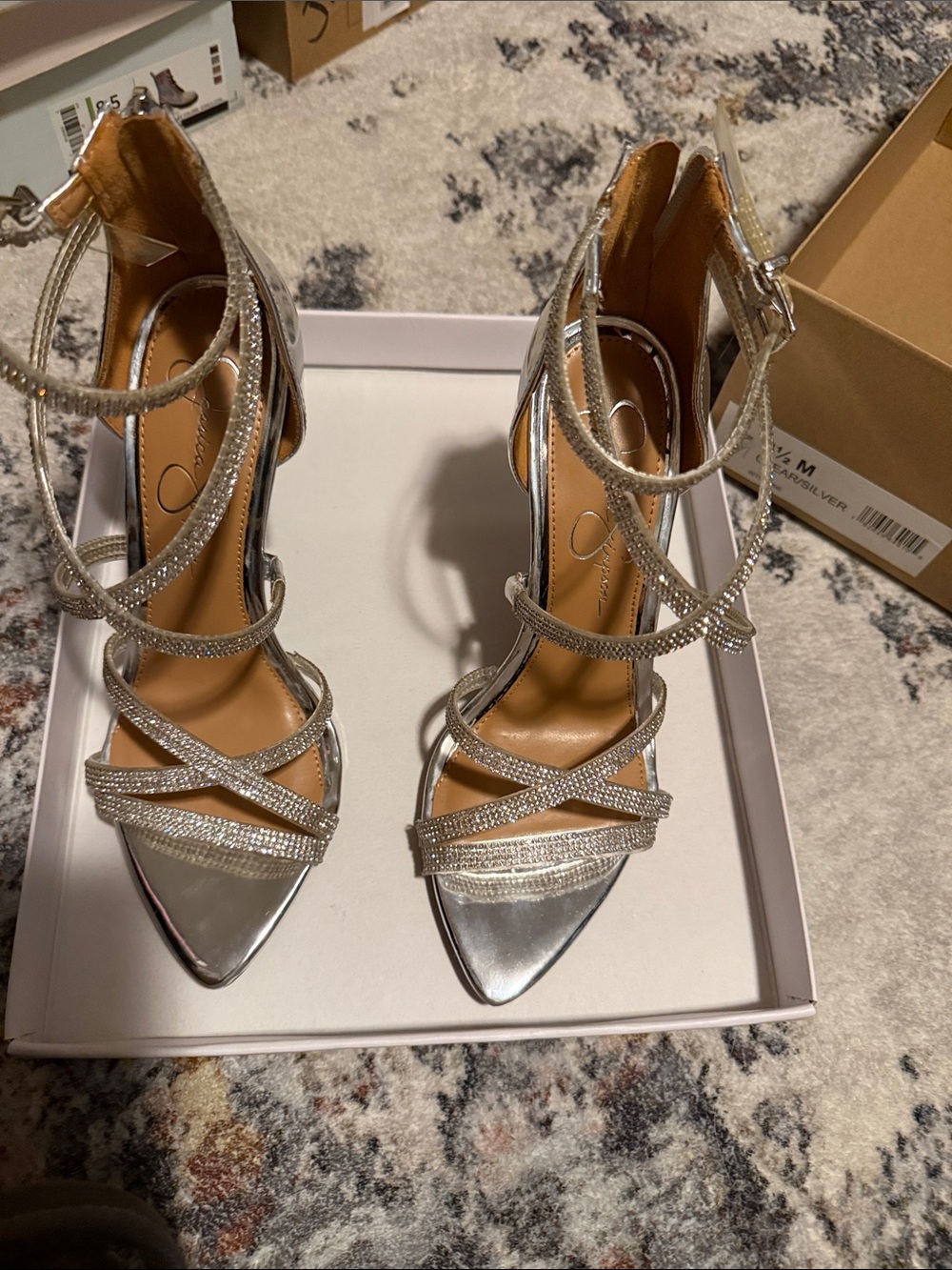 Jessica Simpson Silver Rhinestone Strappy Pointed-Toe Heels